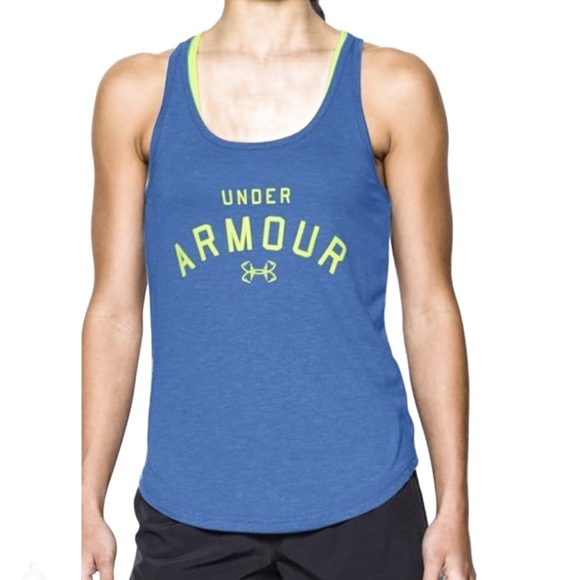 Under Armour HeatGear Strappy Back Tank Top Blue Yellow Size Womens L - Picture 2 of 6
